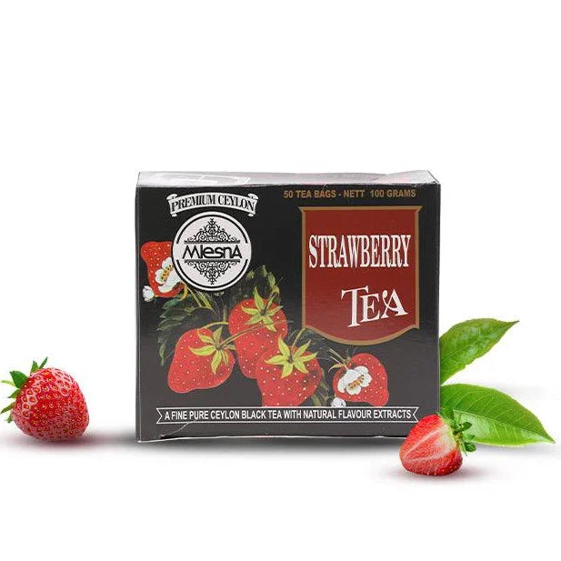 Mesna Premium Ceylon Strawberry Tea box with fresh strawberries and green tea leaves, black tea with natural flavor