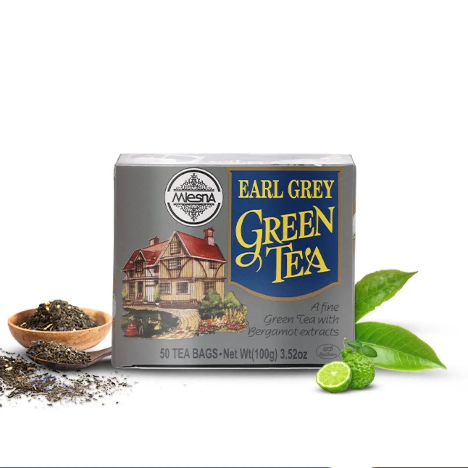 Mesna Earl Grey Green Tea box with 50 tea bags, bergamot fruit and loose green tea leaves