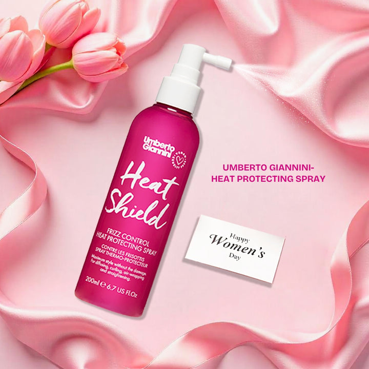 Umberto Giannini Heat Shield Frizz Control Spray bottle, providing heat protection up to 220°C while locking in moisture, preventing frizz, and keeping hair sleek and damage-free.