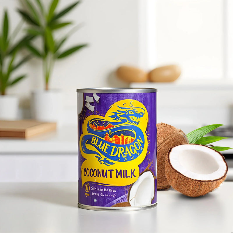 Blue Dragon canned coconut milk with coconuts on a kitchen counter and indoor plants in background