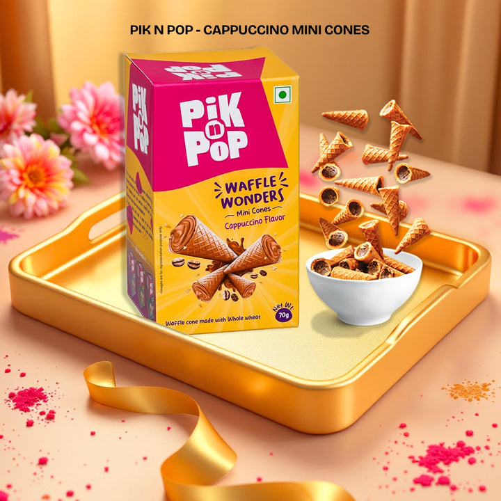 Pik n Pop Cappuccino Mini Cones - Whole wheat mini waffle cones filled with non-melting cappuccino for a delightful coffee-flavored crunch.