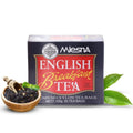 Mlesna English Breakfast Tea box with 50 premium Ceylon tea bags and loose black tea leaves in wooden bowl