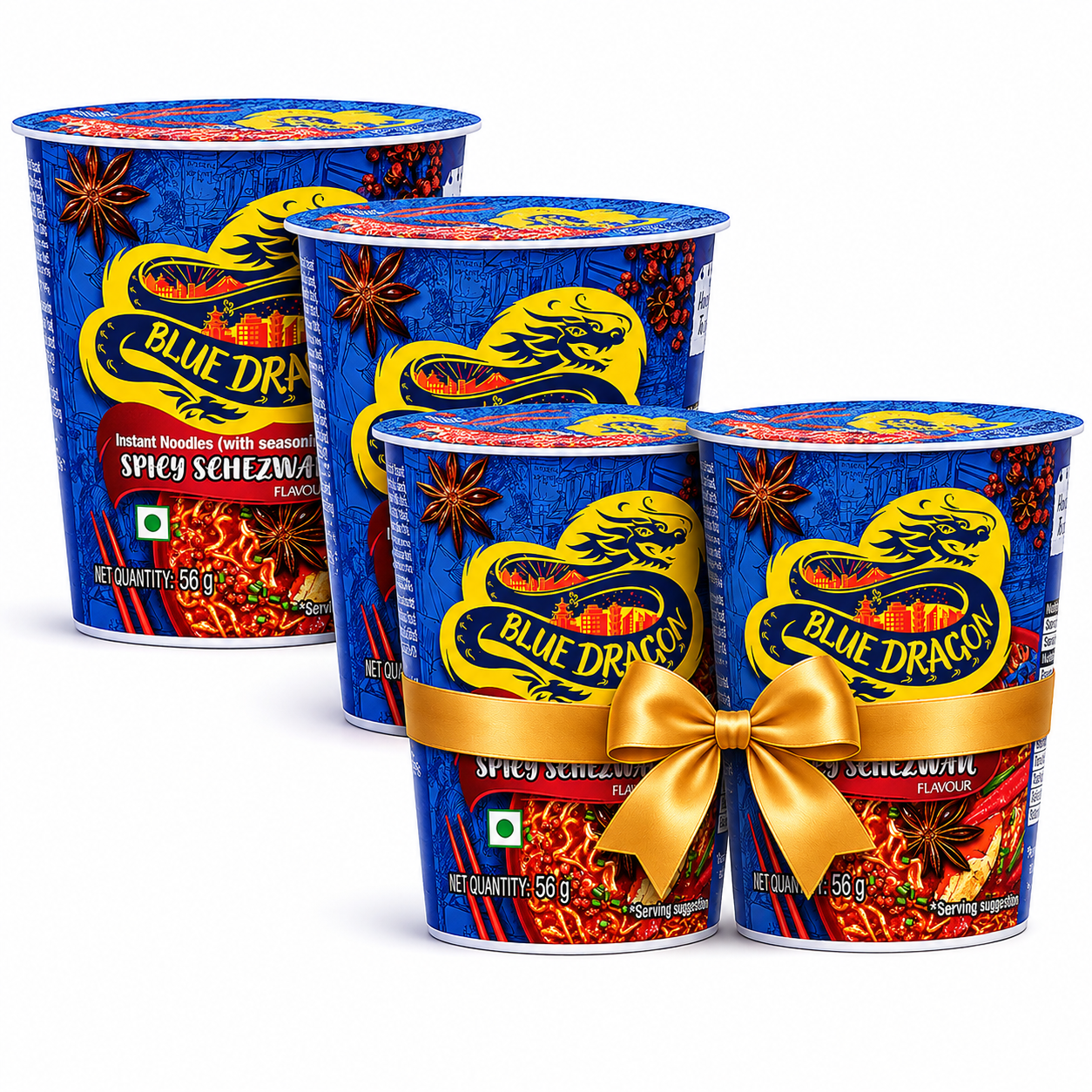 Four Blue Dragon instant noodle cups with a gold bow on a white background