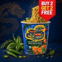Blue Dragon instant noodles with promotional text on a dark background