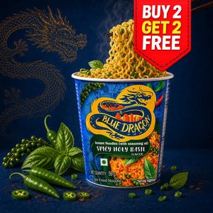 Blue Dragon instant noodles with promotional text on a dark background