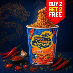 Blue Dragon instant noodles with spicy chili sauce on a dark background, promotional text 'Buy 2 Get 2 Free' displayed.