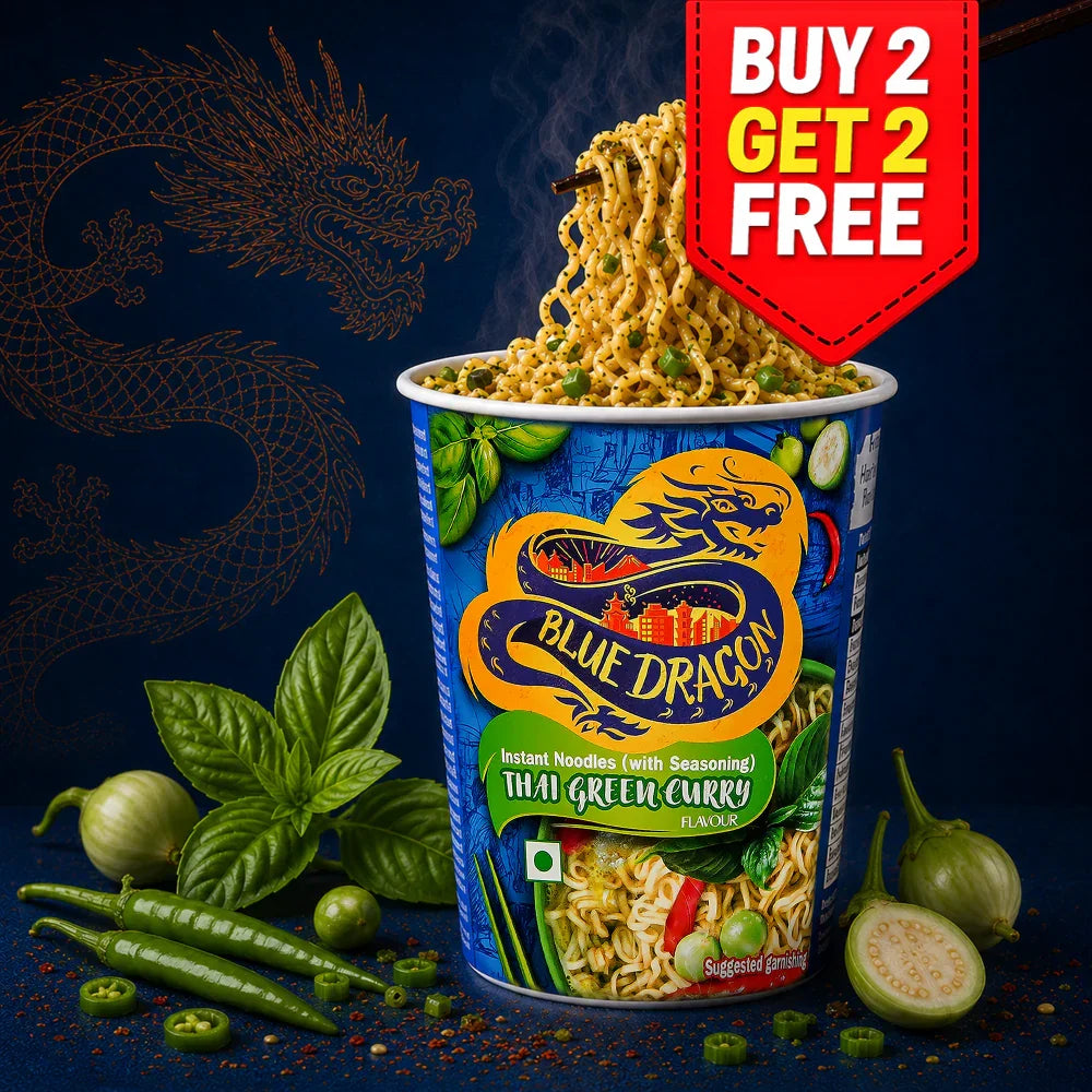 Blue Dragon instant noodles with Thai green curry flavor on a dark background with promotional text.