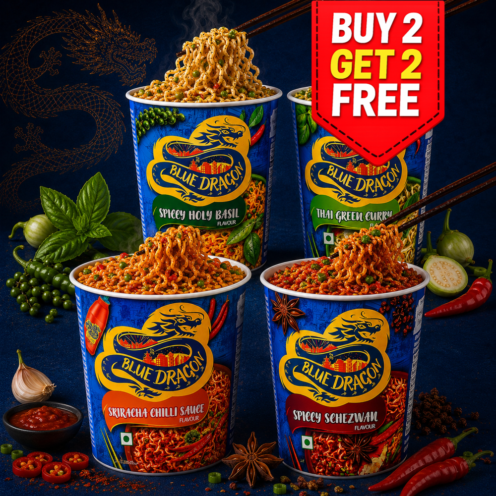 Four containers of Blue Dragon noodles with various flavors on a dark background, featuring a 'Buy 2 Get 2 Free' offer.