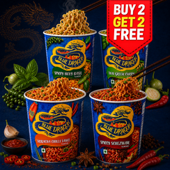 Four containers of Blue Dragon noodles with various flavors on a dark background, featuring a 'Buy 2 Get 2 Free' offer.