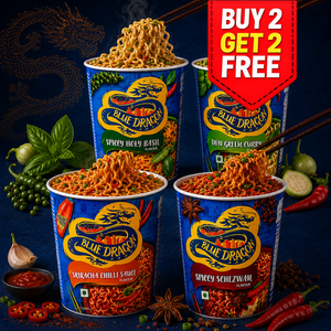 Four containers of Blue Dragon noodles with various flavors on a dark background, featuring a 'Buy 2 Get 2 Free' offer.