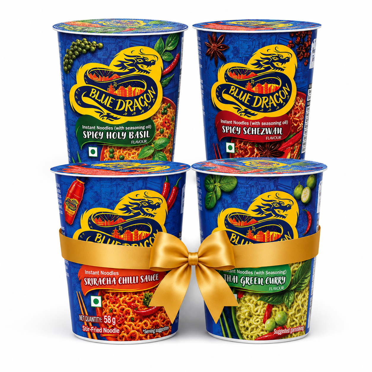 Four Blue Dragon instant noodle cups with different flavors on a white background