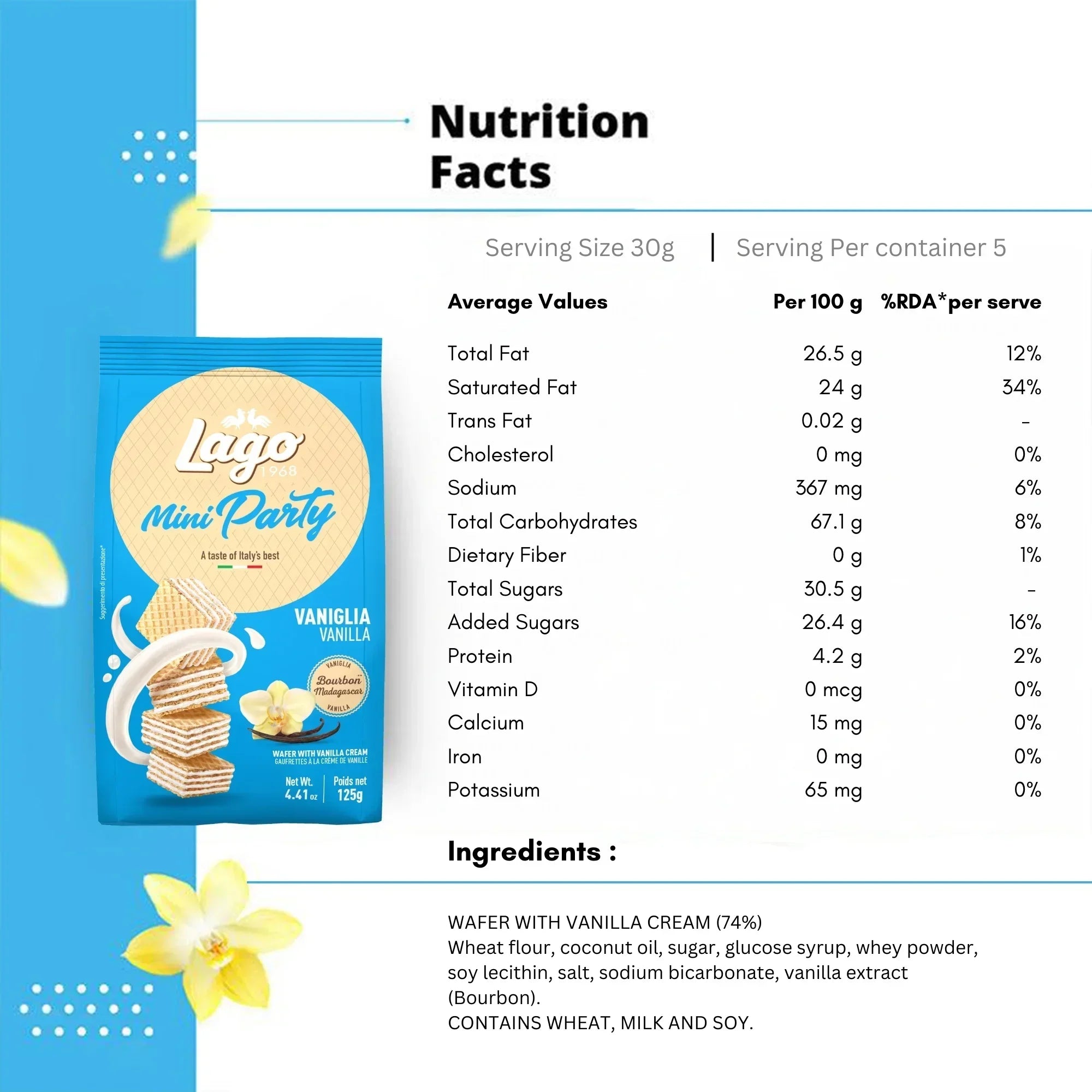 Lago Mini Party vanilla cream wafer biscuit pack with nutrition facts and ingredients.