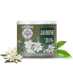 Mlesna Premium Ceylon Jasmine Tea box with jasmine flowers and tea leaves, 50 tea bags, natural flavor