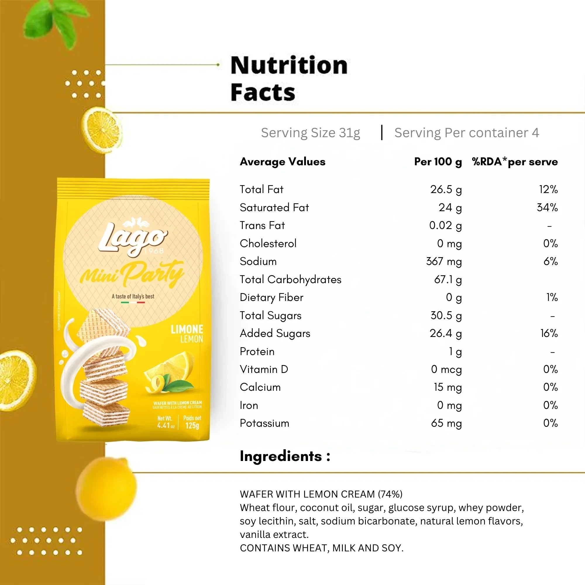 Lago Mini Party lemon wafer snack pack with nutrition facts and ingredients list, lemon accents