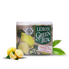 Mlesna Lemon Green Tea box with 50 tea bags, lemon and green tea leaves on white background
