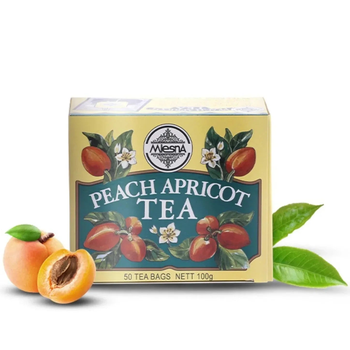 Mlesna Peach Apricot Tea box with 50 tea bags and fresh apricot fruit and green tea leaves