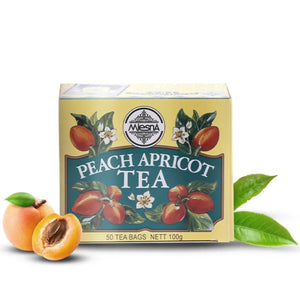 Mlesna Peach Apricot Tea box with 50 tea bags and fresh apricot fruit and green tea leaves