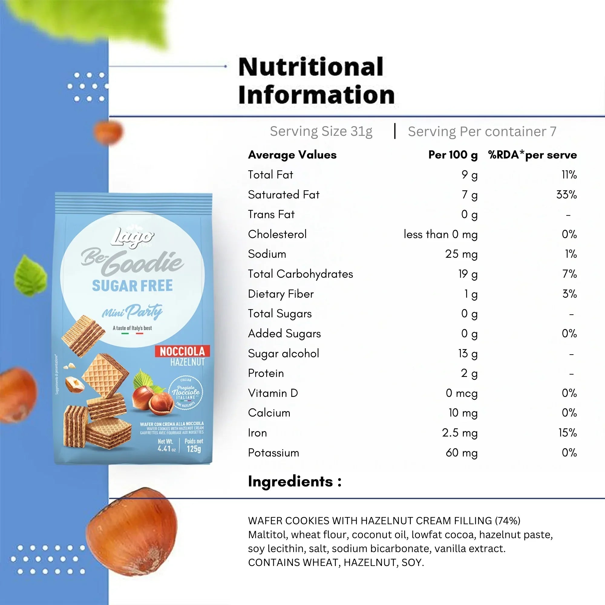 Sugar free hazelnut cream wafer cookies with nutritional information and ingredients list
