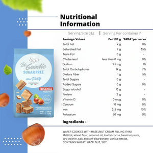 Sugar free hazelnut cream wafer cookies with nutritional information and ingredients list