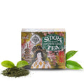 Mesna Sencha Japanese green tea box with traditional geisha artwork, loose tea leaves and fresh green tea leaves