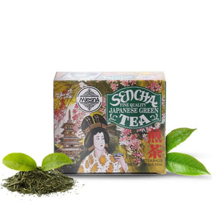 Mesna Sencha Japanese green tea box with traditional geisha artwork, loose tea leaves and fresh green tea leaves