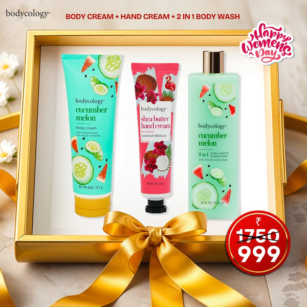 Bodycology Self-Care Trio featuring Cucumber Melon Body Cream, Cucumber Melon 2-in-1 Body Wash & Bubble Bath, and Coconut Hibiscus Shea Butter Hand Cream—hydrating, refreshing, and nourishing essentials for soft, beautifully scented skin.