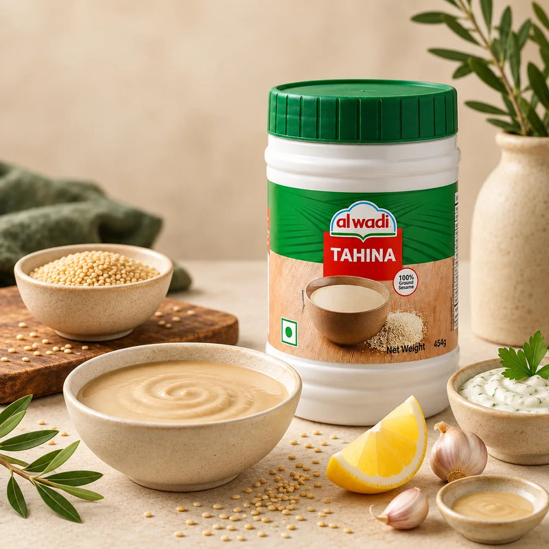 Al Wadi Tahina jar with bowls of tahini, sesame seeds, garlic, and lemon on a table.