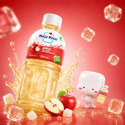 Mogu Mogu Apple Juice Drink with Nata-de-Coco, 320mL, refreshing splash with ice cubes and apple slices