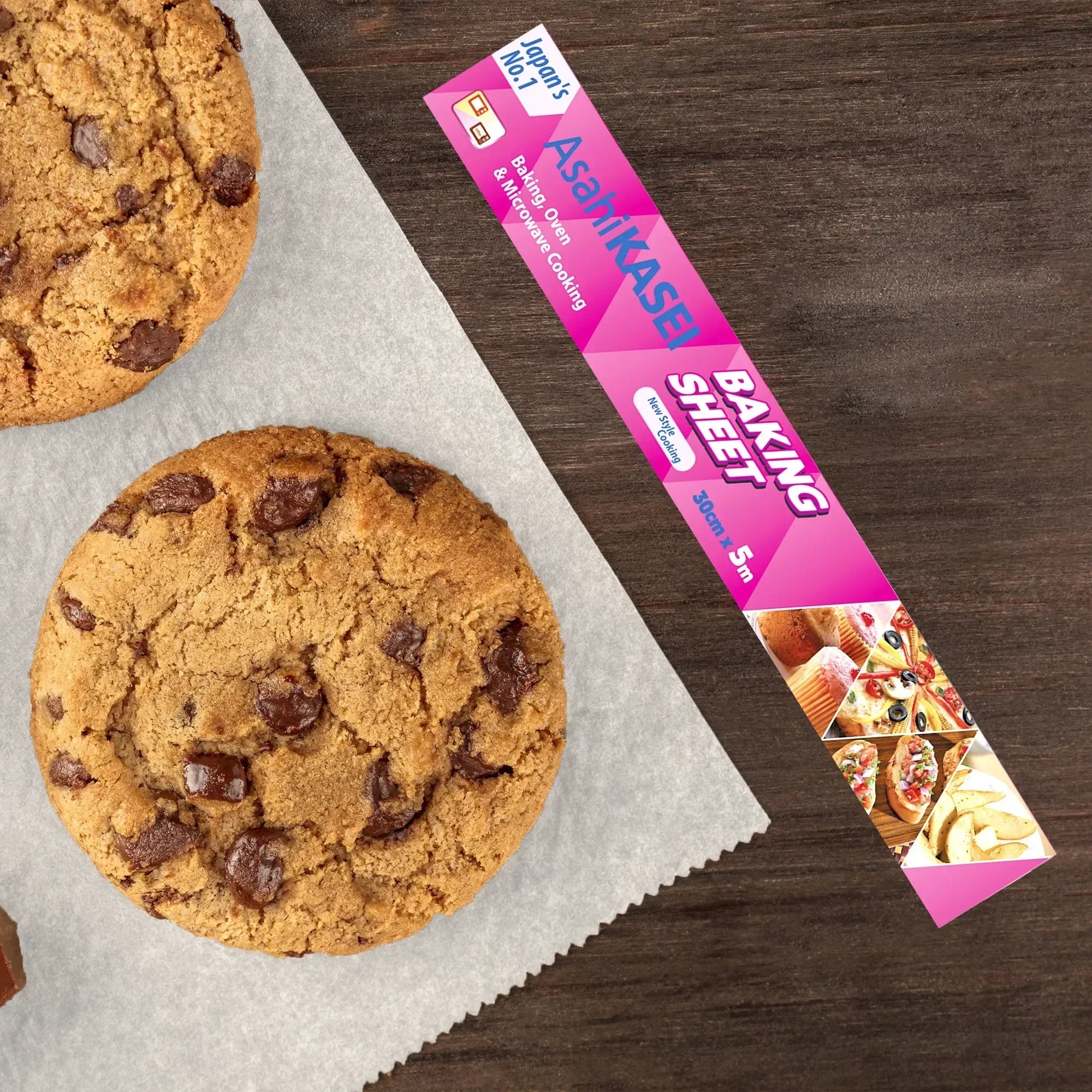 Baking sheet packaging with chocolate chip cookies on parchment paper, wooden background