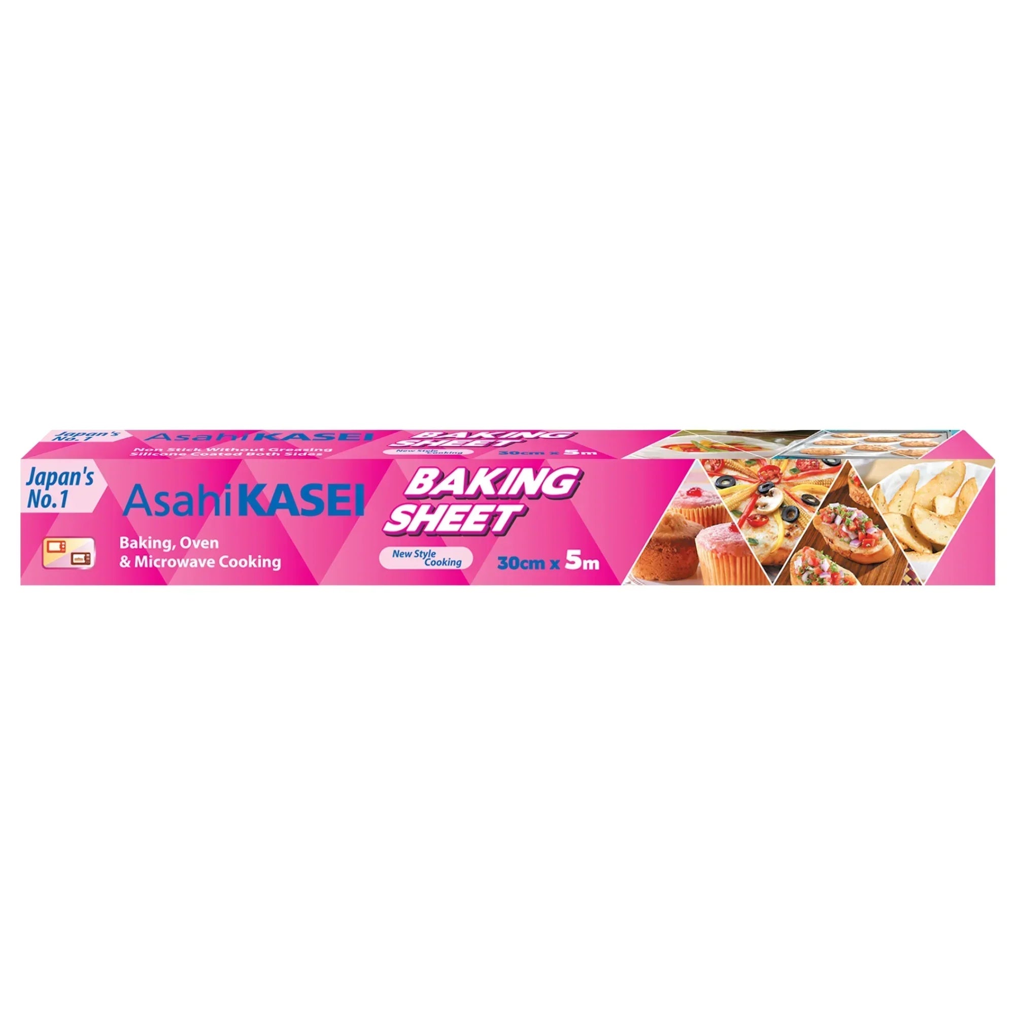 Asahi Kasei baking sheet 30cm x 5m for oven and microwave cooking, pink packaging with food images