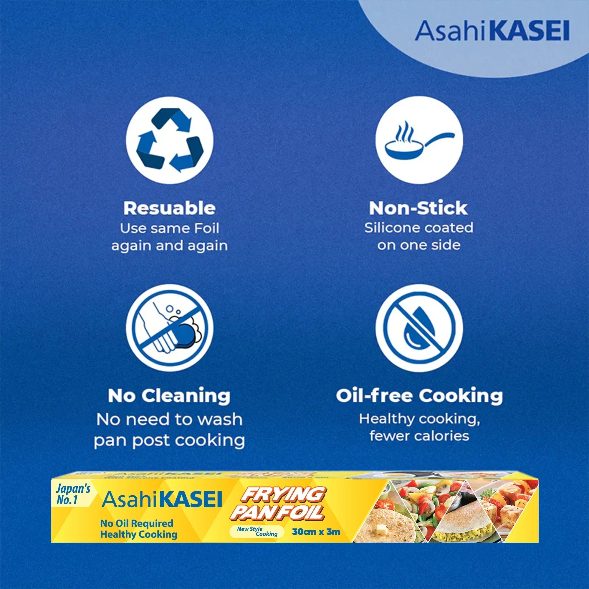 Asahi Kasei frying pan foil packaging showing reusable, non-stick, oil-free cooking benefits.