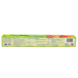 Box of 30cm x 20m cling film food wrap with storage and usage instructions visible.