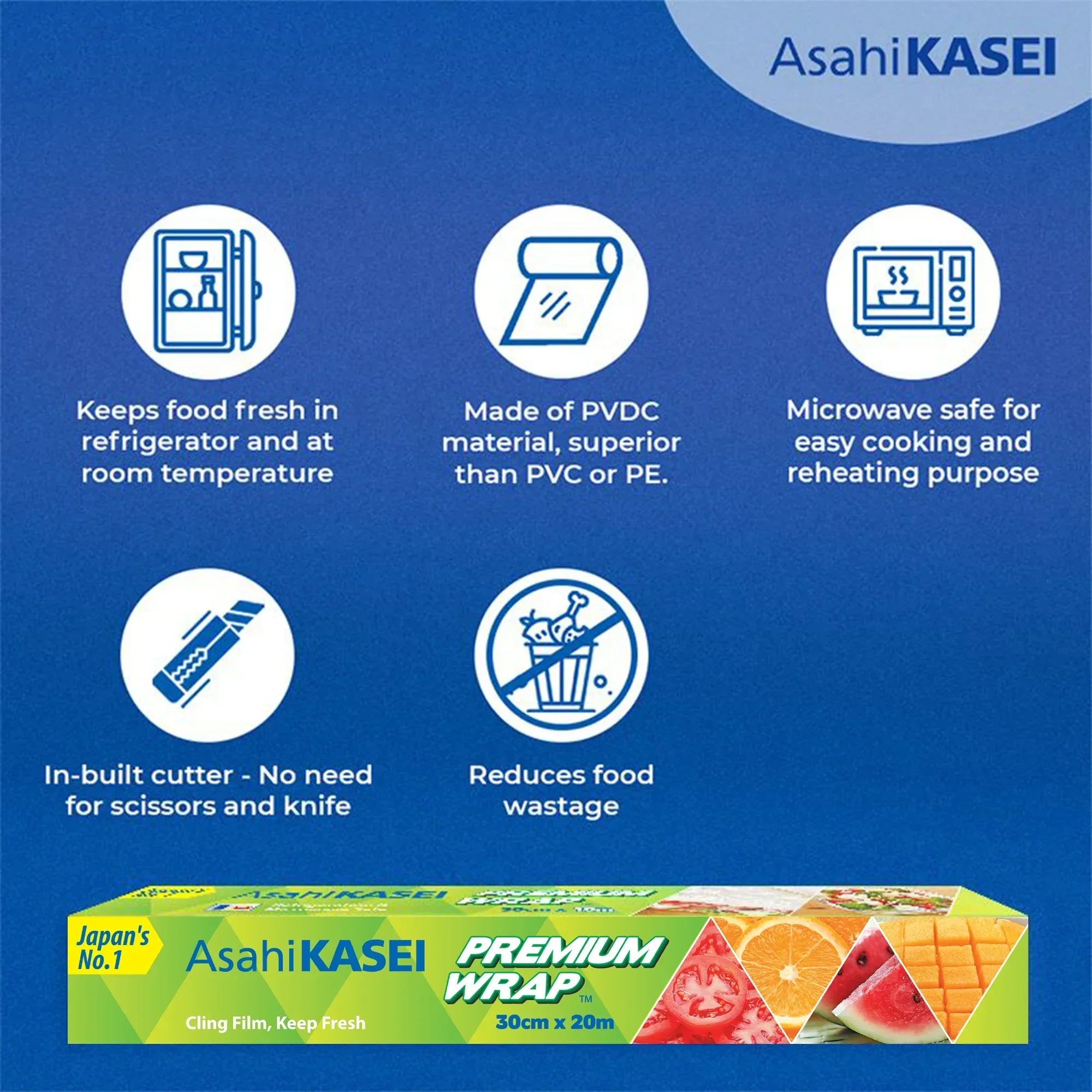Asahi Kasei Premium Wrap 30cm x 20m cling film packaging with product features and food images.