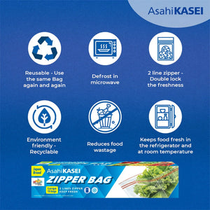 Large Asahi Kasei zipper bag benefits, eco-friendly, reusable, for food storage and freshness.