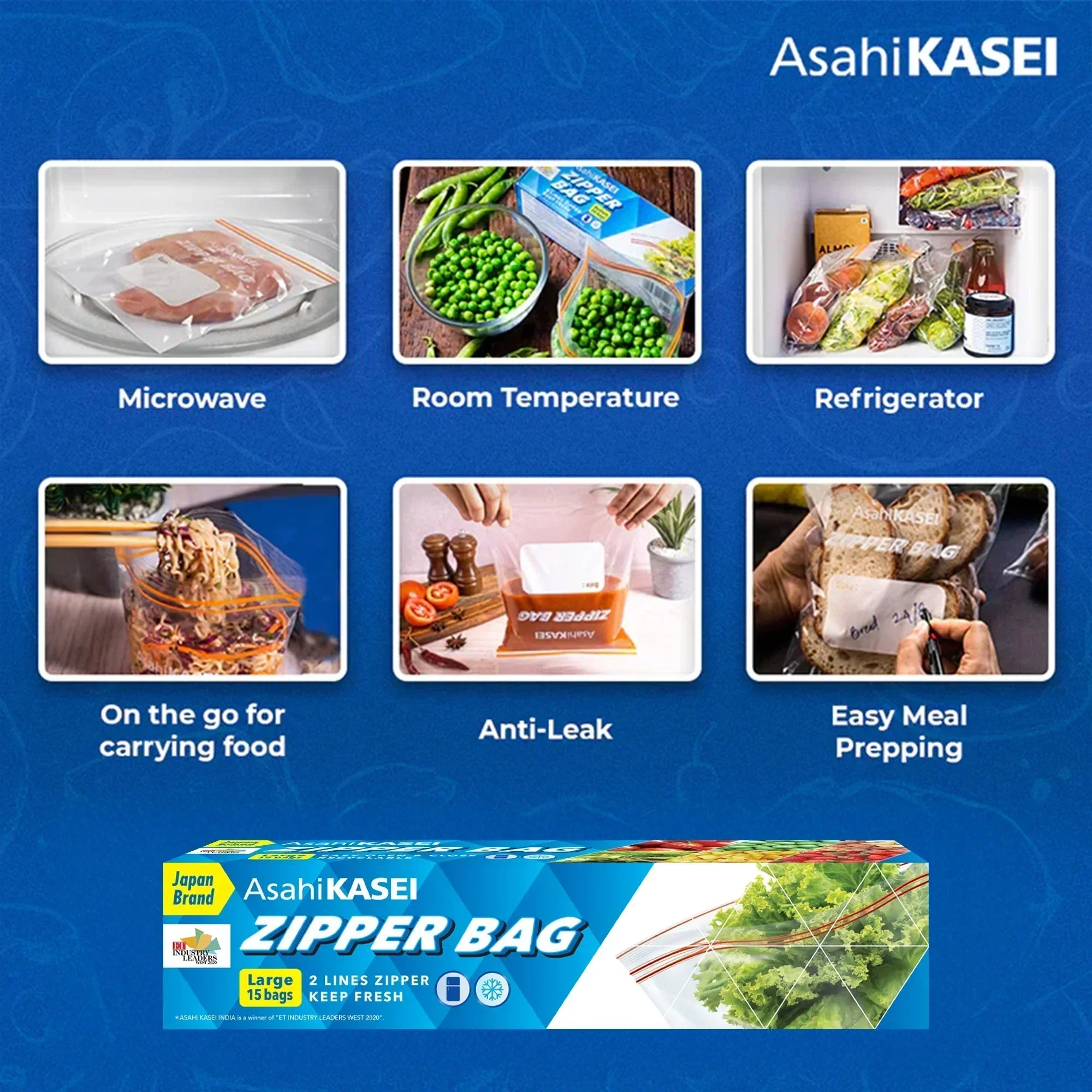 AsahiKASEI zipper bag uses shown: microwave, room temperature, refrigerator, food carry, anti-leak, meal prepping.