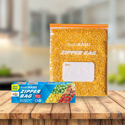 Medium size Asahi Kasei zipper storage bag filled with lentils, box pack on wooden table