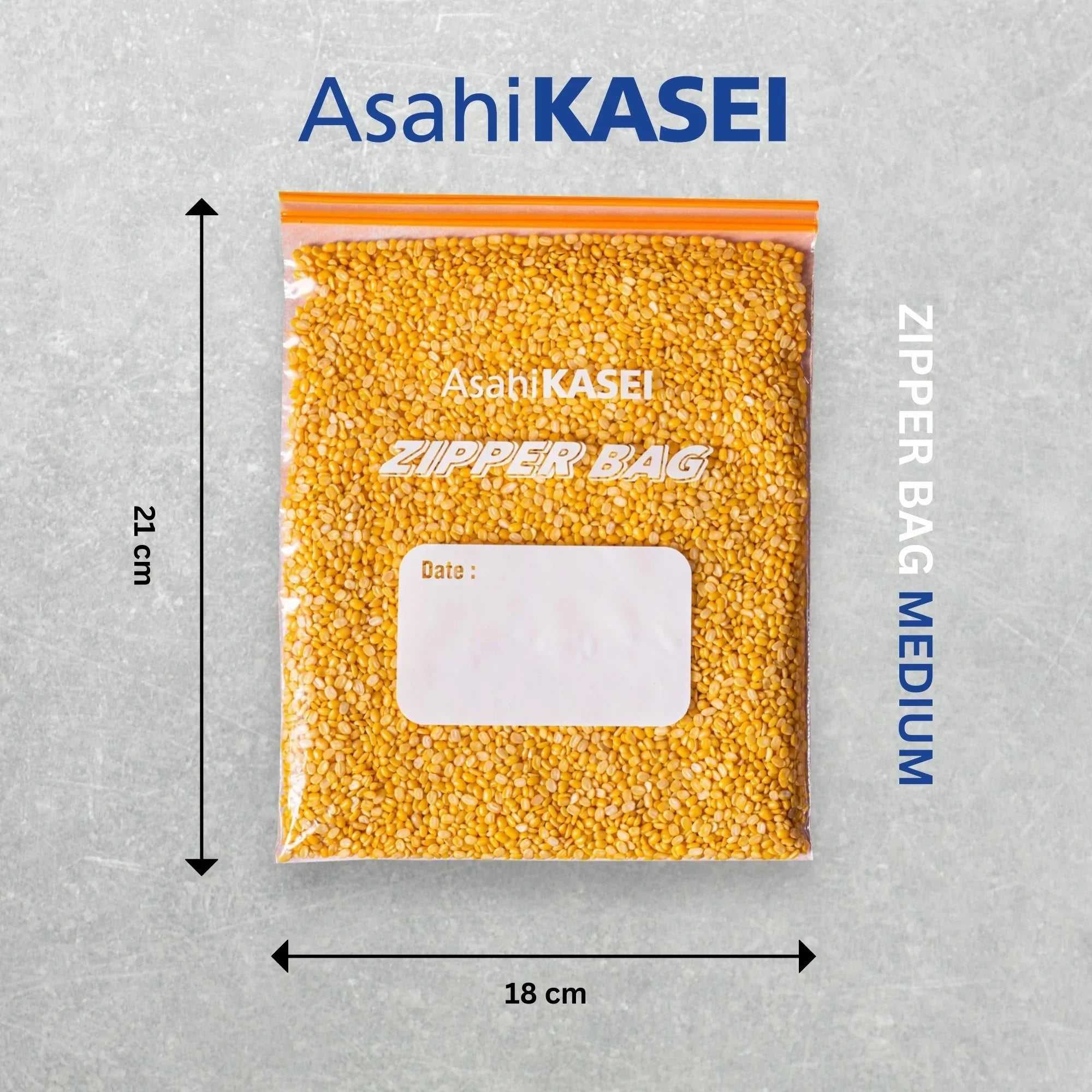 Medium zipper bag filled with yellow lentils, labeled, measuring 21 cm by 18 cm.