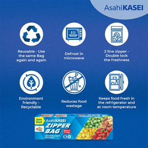 Medium size reusable zipper bag packaging, features eco-friendly, microwave safe, and food fresh benefits.