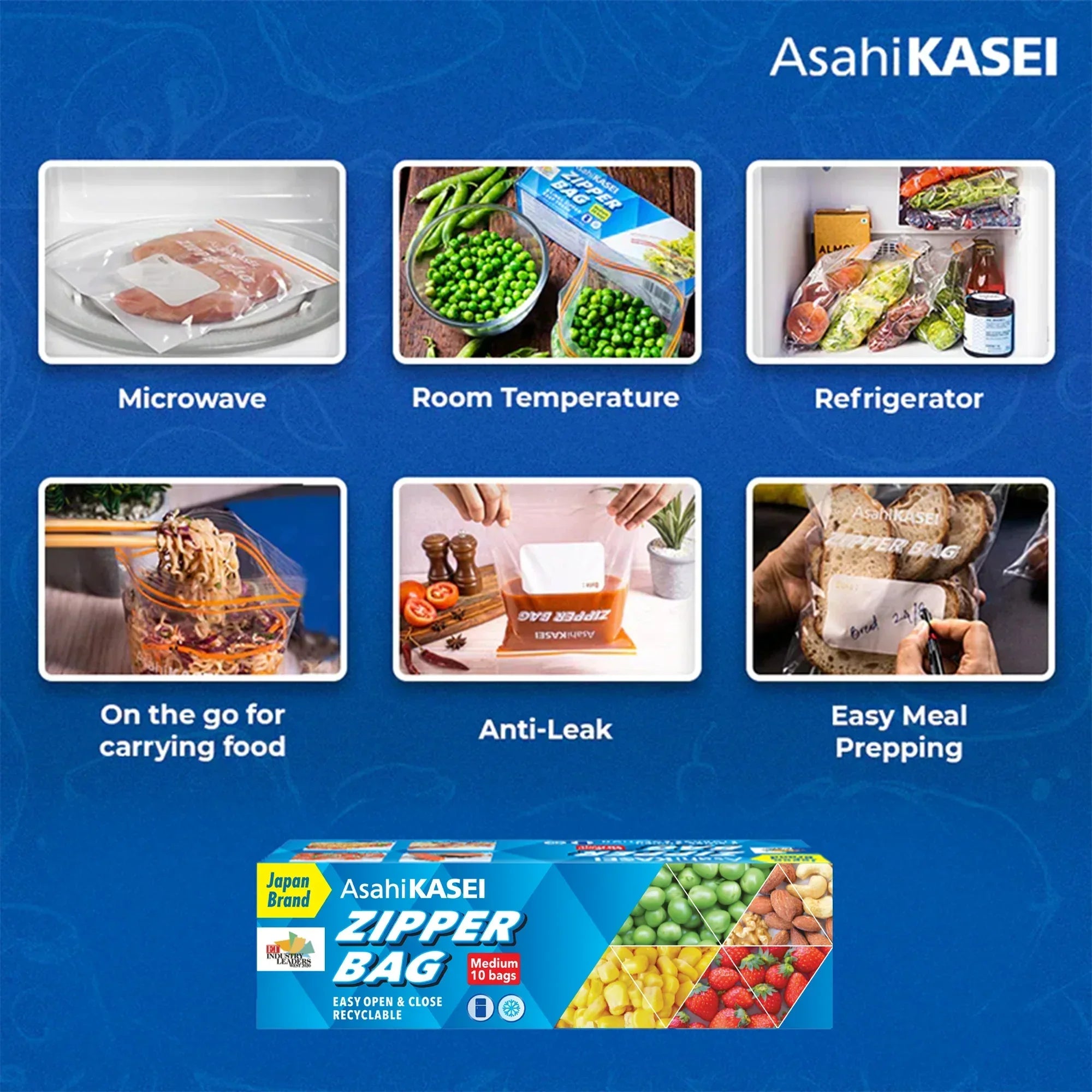 Multi-use zipper bags shown for microwave, storage, anti-leak, food prep, and carrying food.