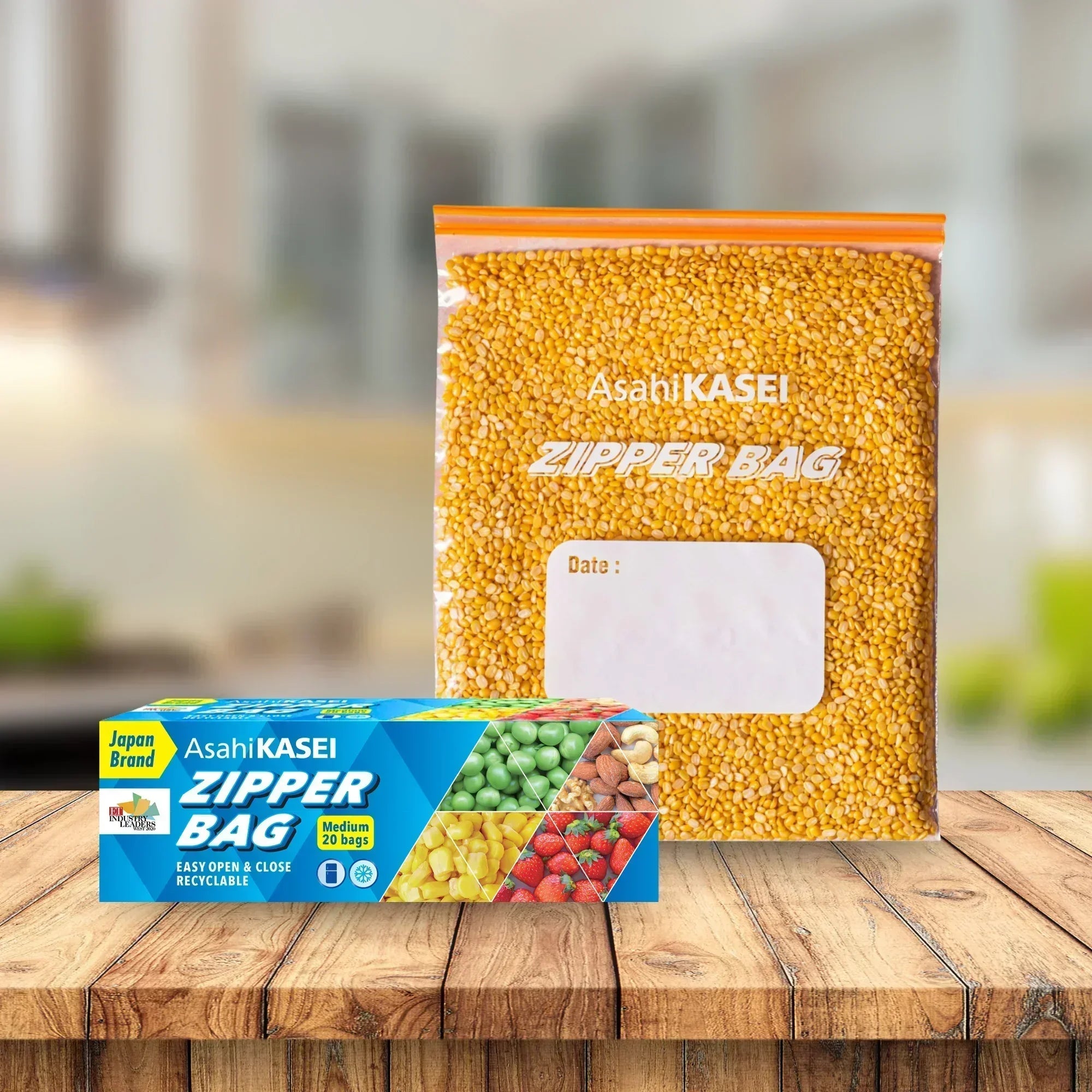 Medium zipper storage bag filled with lentils and product box on wooden table