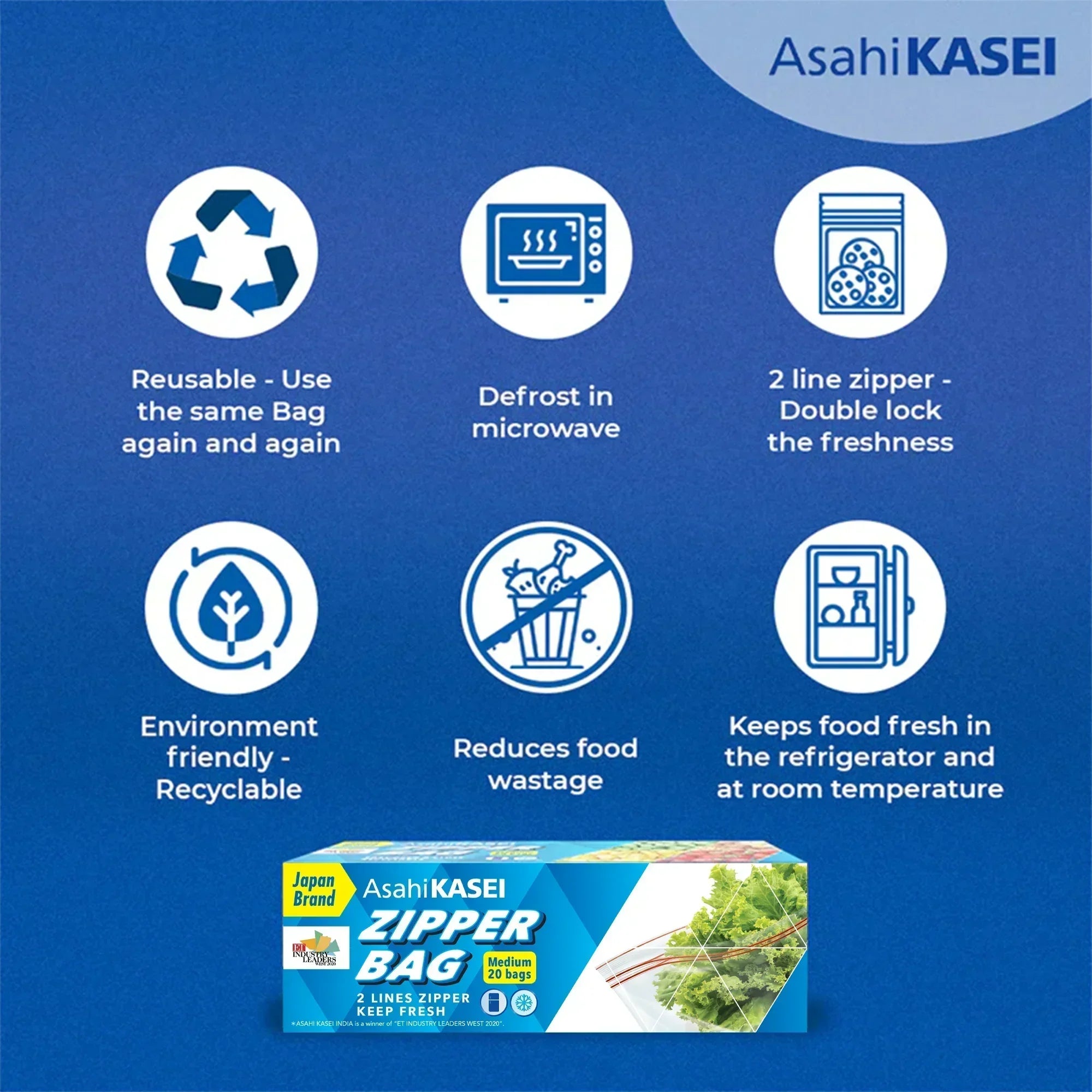 Asahi Kasei zipper bag packaging with icons showing microwave safe, reusable, and recyclable features.