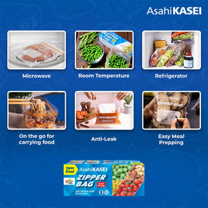 Multi-use zipper bag packaging for food storage, microwave, refrigerator, and meal prep.