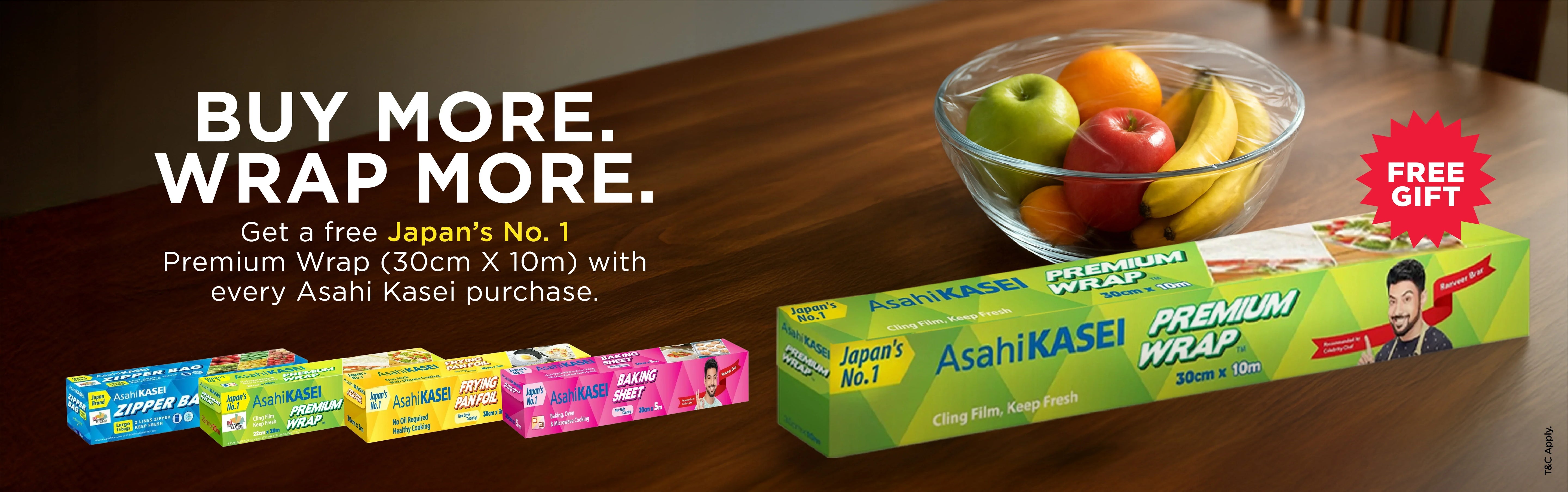 Asahi Kasei premium wrap and kitchen products with fruit bowl and buy more wrap more offer banner