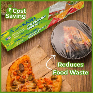AsahiKASEI Premium Wrap box with covered food bowl and pizza, highlighting food storage and cost saving benefits