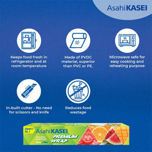 Asahi Kasei Premium Wrap cling film box with key features like PVDC material, microwave safe, in-built cutter, and food freshness icons on a blue background.