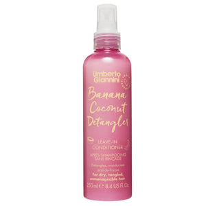 Umberto Giannini Banana Coconut Detangler Leave-In Conditioner in pink 250ml bottle for dry, tangled hair