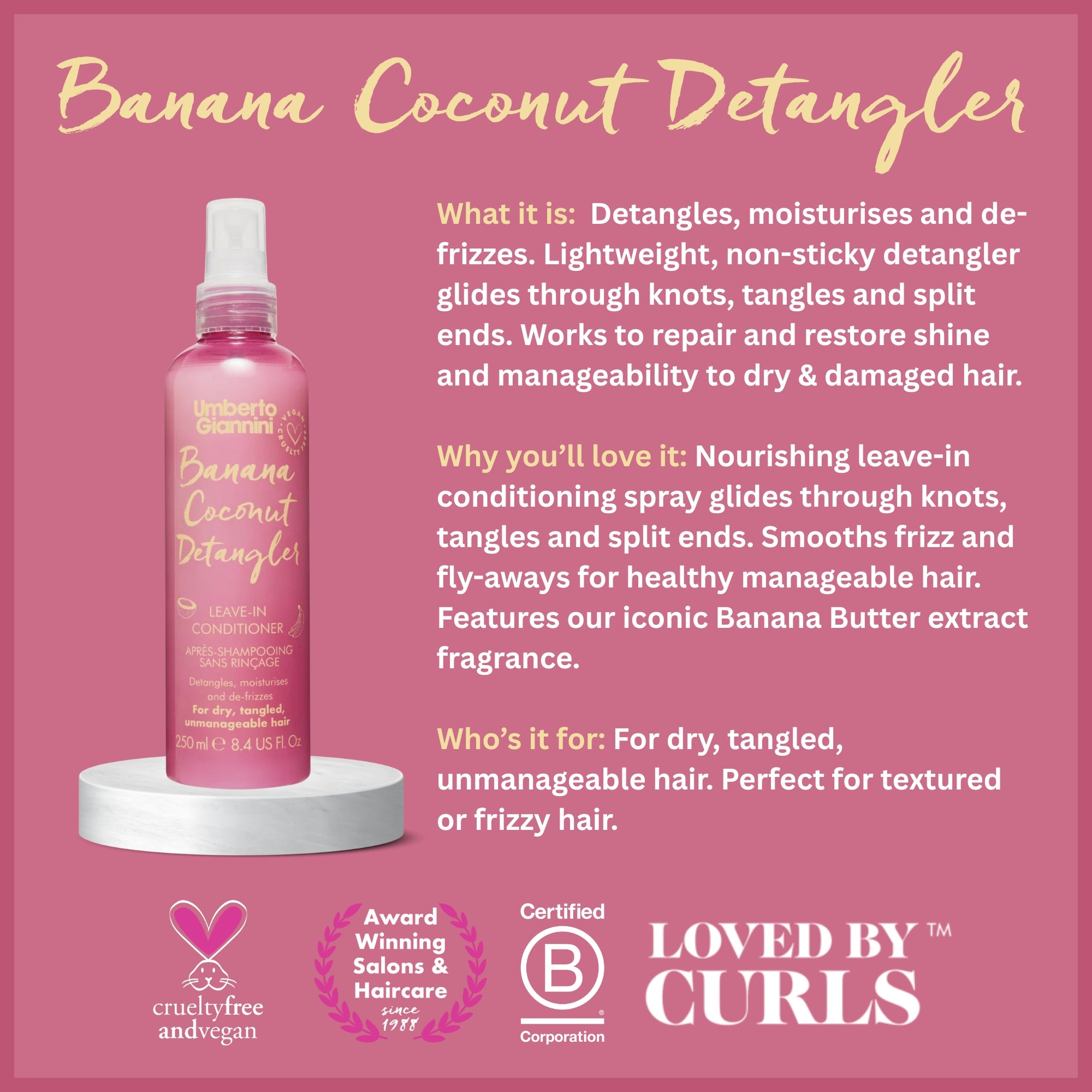 Banana Coconut Detangler leave-in conditioner spray for dry, tangled, frizzy hair on pink background