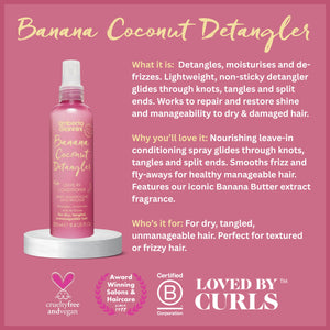 Banana Coconut Detangler leave-in conditioner spray for dry, tangled, frizzy hair on pink background