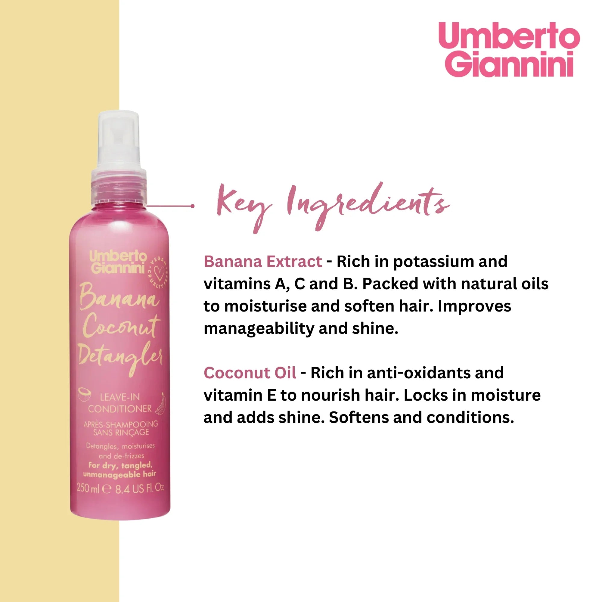 Umberto Giannini Banana Coconut Detangler Leave-In Conditioner bottle with key ingredients and benefits text