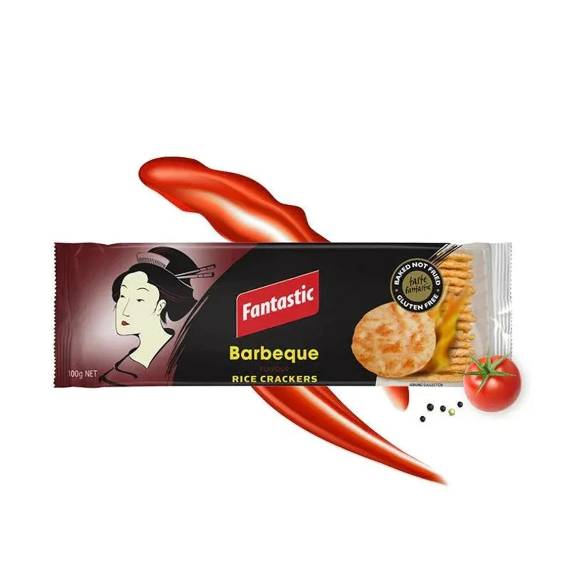 Fantastic Barbeque flavour rice crackers pack with tomato, spices, and barbecue sauce splash
